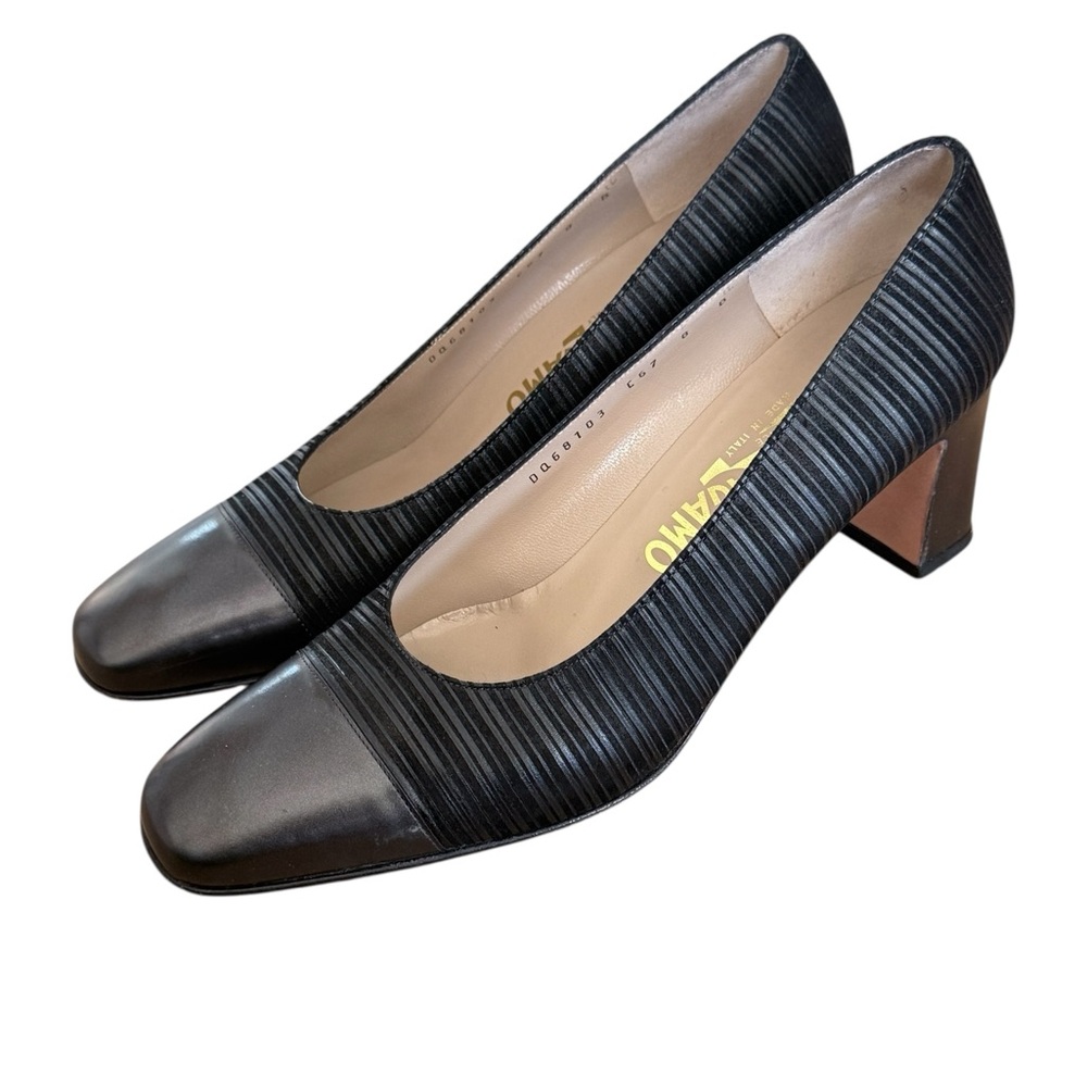 Salvatore Ferragamo Suede Leather  Black Striped Pumps
